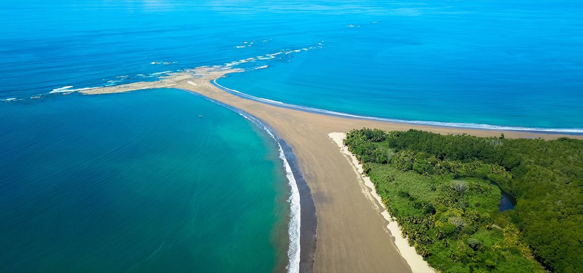 The coastline and forest at Marino Ballena National Park in Uvita, seen from above