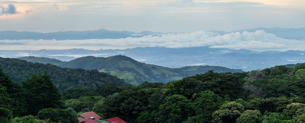 Forested hills at sunrise near Monteverde, with low cloud over the lowlands beyond